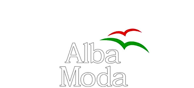 Alba Moda Logo Schriftzug in weiß mit einem grünen und roten Vogel