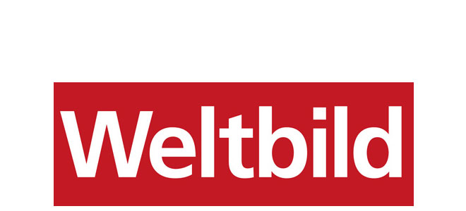 Weltbild Logo Schriftzug in weiß mit rotem Hintergrund