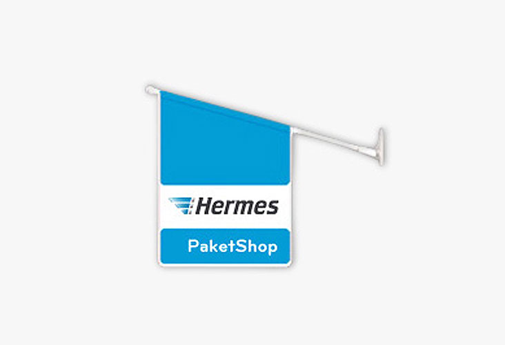 blau-graue Fahne mit Hermes Logo